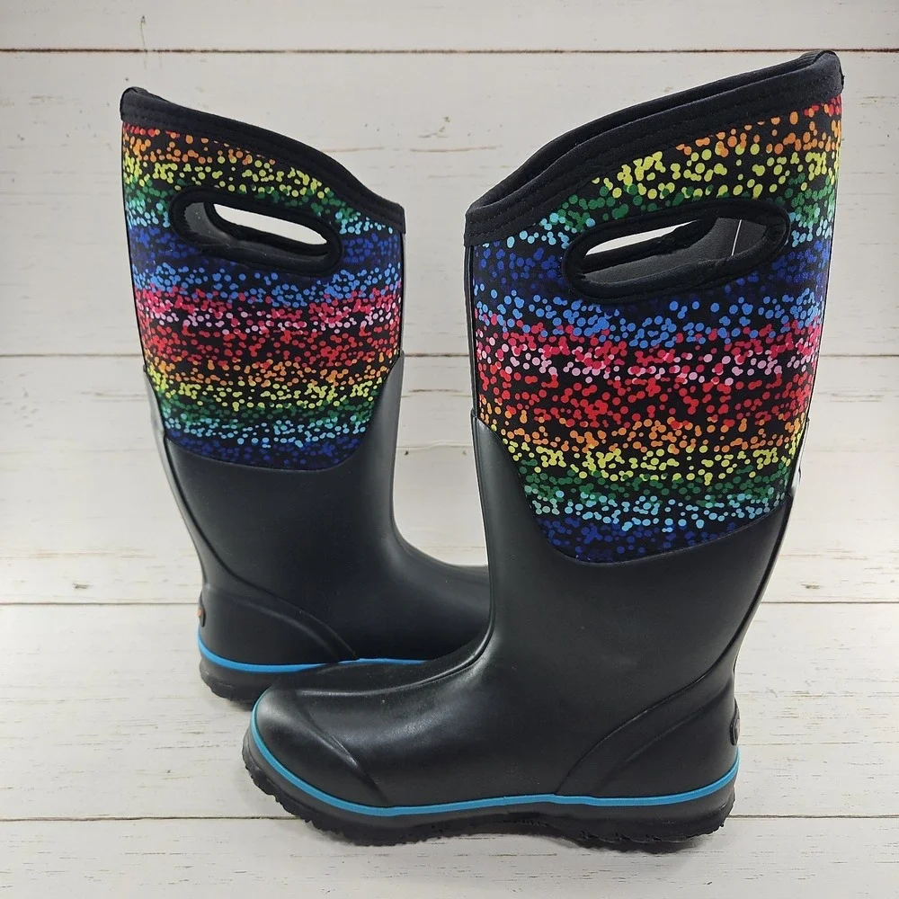 Bogs Womens Classic Rainbow Dots Black Size 6 High Farm Boots Waterproof Pull On